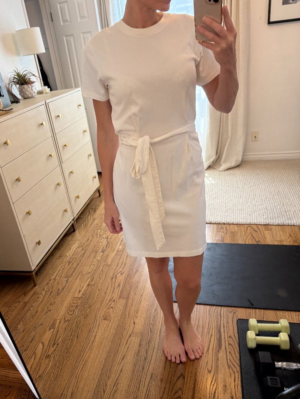 Vince Short Sleeve Tie-Waist T-Shirt Dress — White, Size L